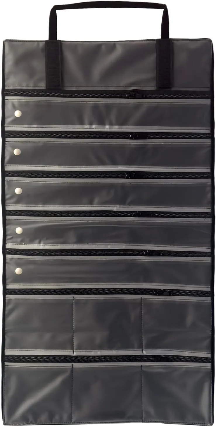 Velvet Travel Jewelry Case Roll Bag Organizer for Necklace Bracelet Earrings Ring, 11 Zipped Grids with Necklace Button, PVC Cover, Black