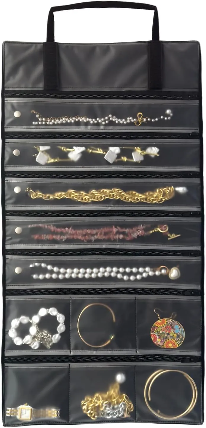 Velvet Travel Jewelry Case Roll Bag Organizer for Necklace Bracelet Earrings Ring, 11 Zipped Grids with Necklace Button, PVC Cover, Black