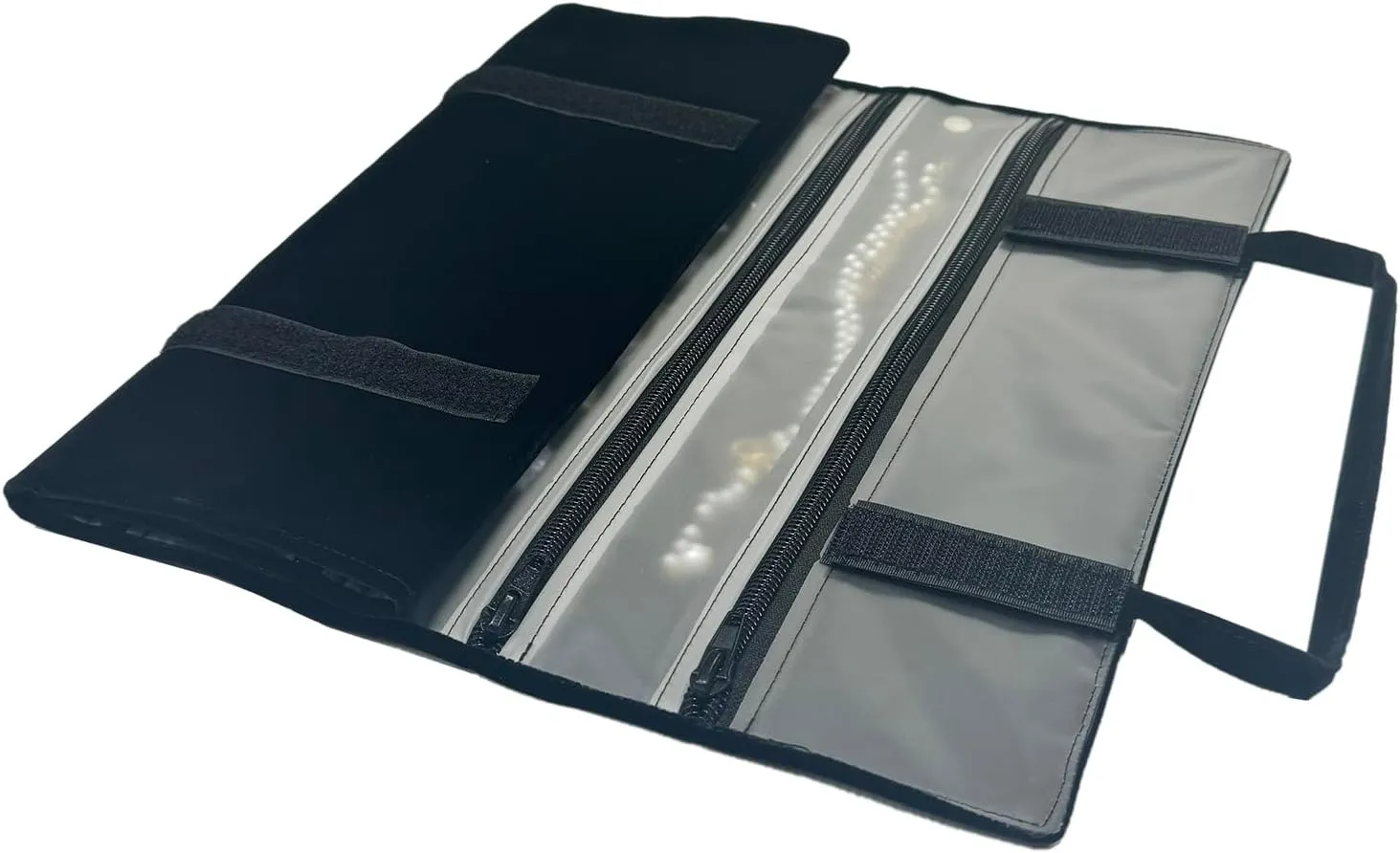 Velvet Travel Jewelry Case Roll Bag Organizer for Necklace Bracelet Earrings Ring, 11 Zipped Grids with Necklace Button, PVC Cover, Black