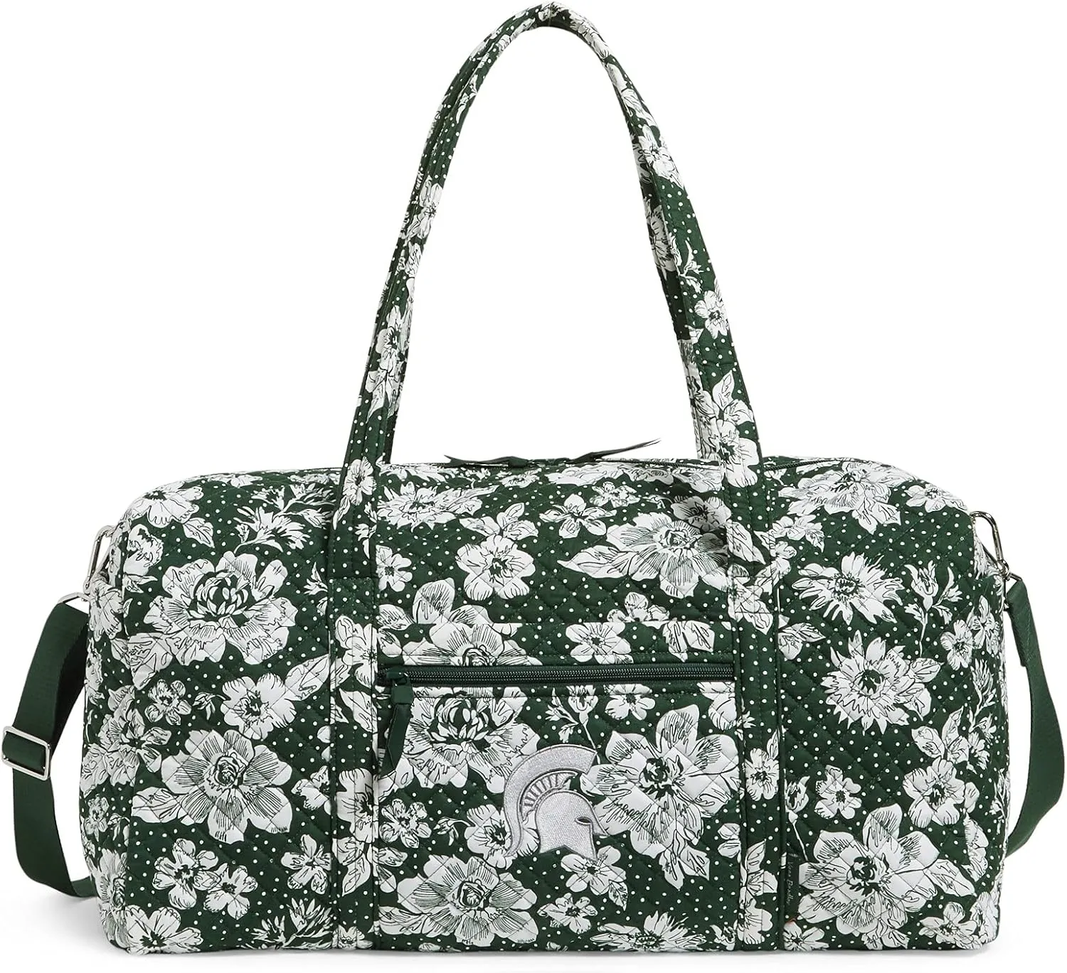 Vera Bradley Women's Cotton Collegiate Large Travel Duffle Bag (Multiple Teams Available), Michigan State University Dark Green/White Rain Garden - Recycled Cotton, One Size