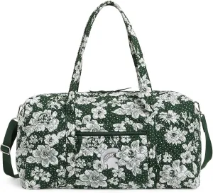 Vera Bradley Women's Cotton Collegiate Large Travel Duffle Bag (Multiple Teams Available), Michigan State University Dark Green/White Rain Garden - Recycled Cotton, One Size
