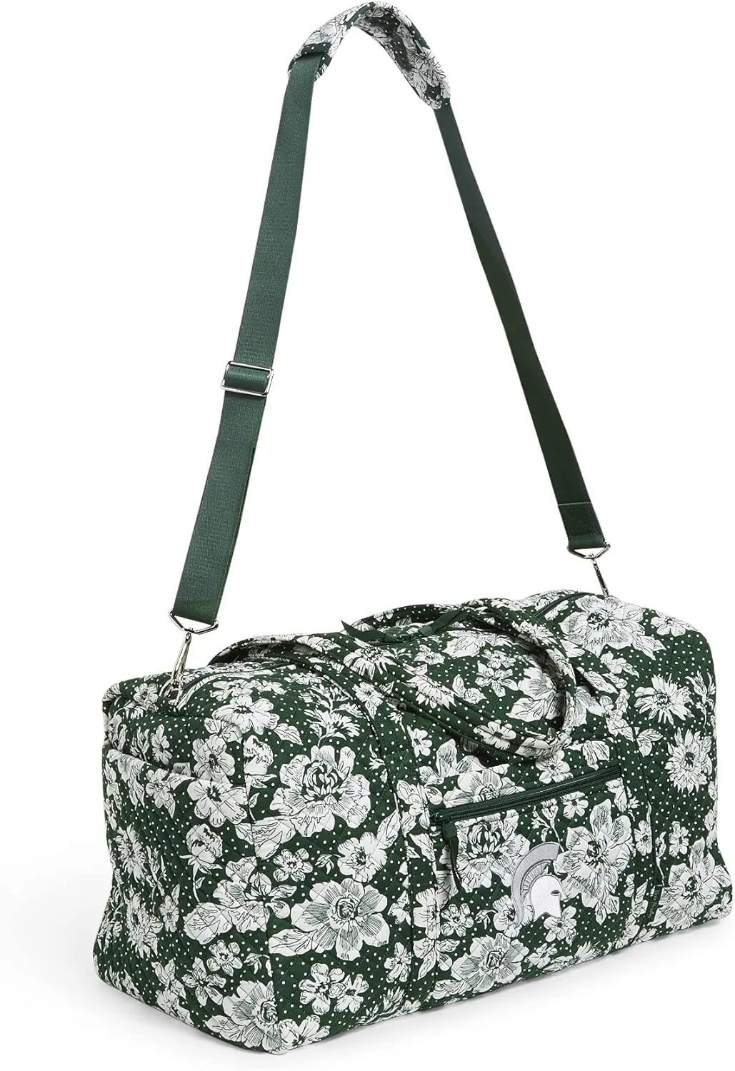 Vera Bradley Women's Cotton Collegiate Large Travel Duffle Bag (Multiple Teams Available), Michigan State University Dark Green/White Rain Garden - Recycled Cotton, One Size