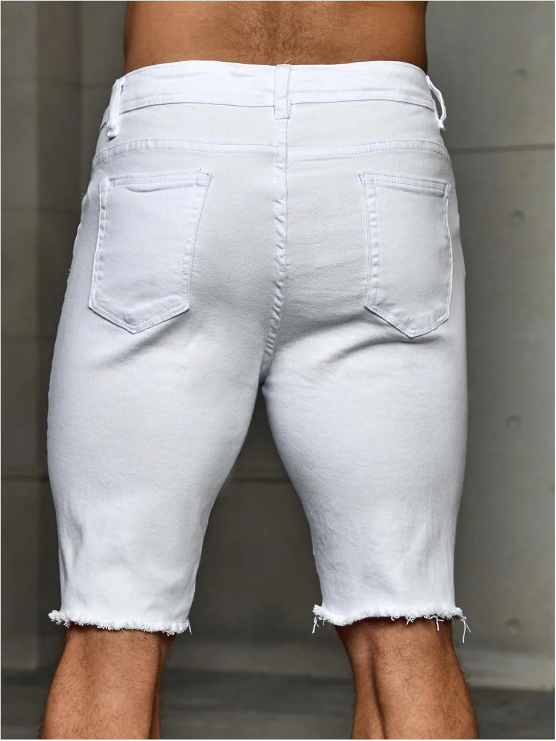 Verdusa Men's Straight Leg Ripped Raw Trim Denim Shorts Slim Fit Stretch Jean Shorts
