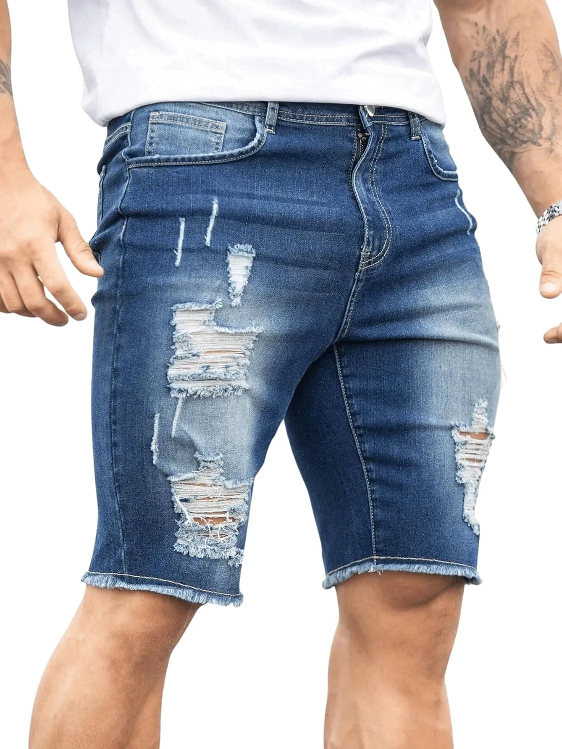 Verdusa Men's Straight Leg Ripped Raw Trim Denim Shorts Slim Fit Stretch Jean Shorts