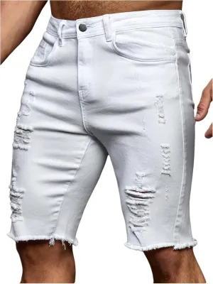 Verdusa Men's Straight Leg Ripped Raw Trim Denim Shorts Slim Fit Stretch Jean Shorts