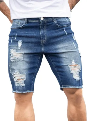 Verdusa Men's Straight Leg Ripped Raw Trim Denim Shorts Slim Fit Stretch Jean Shorts