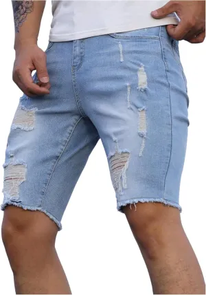 Verdusa Men's Straight Leg Ripped Raw Trim Denim Shorts Slim Fit Stretch Jean Shorts