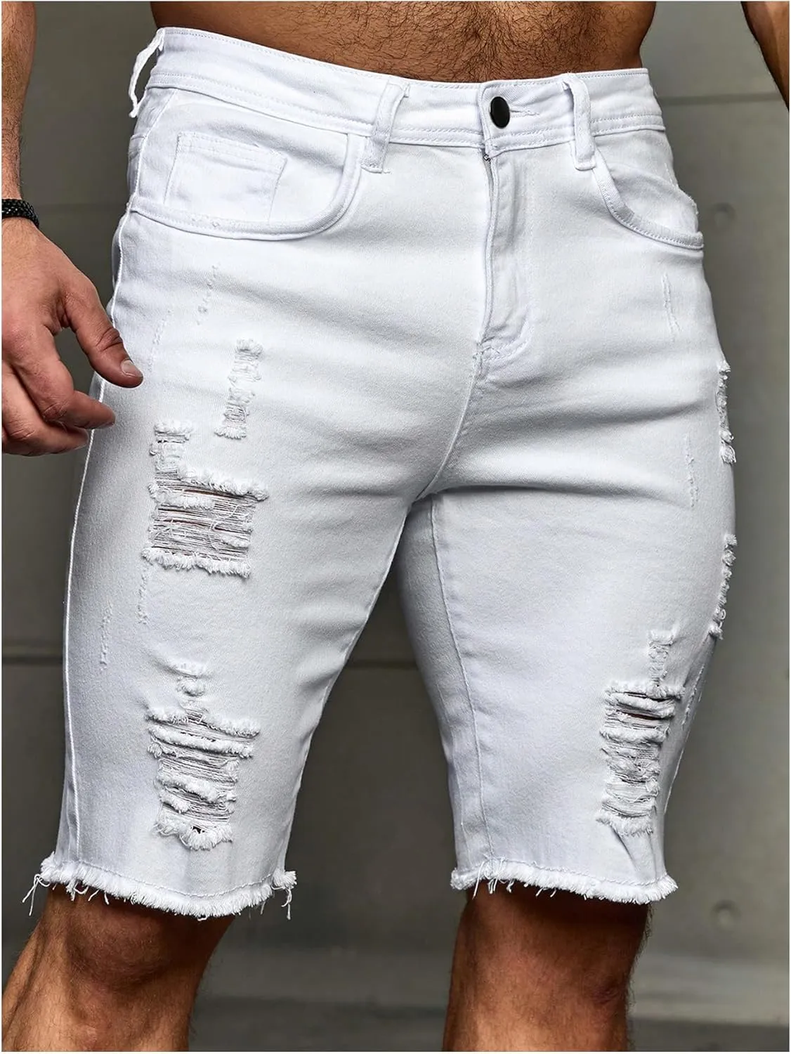 Verdusa Men's Straight Leg Ripped Raw Trim Denim Shorts Slim Fit Stretch Jean Shorts
