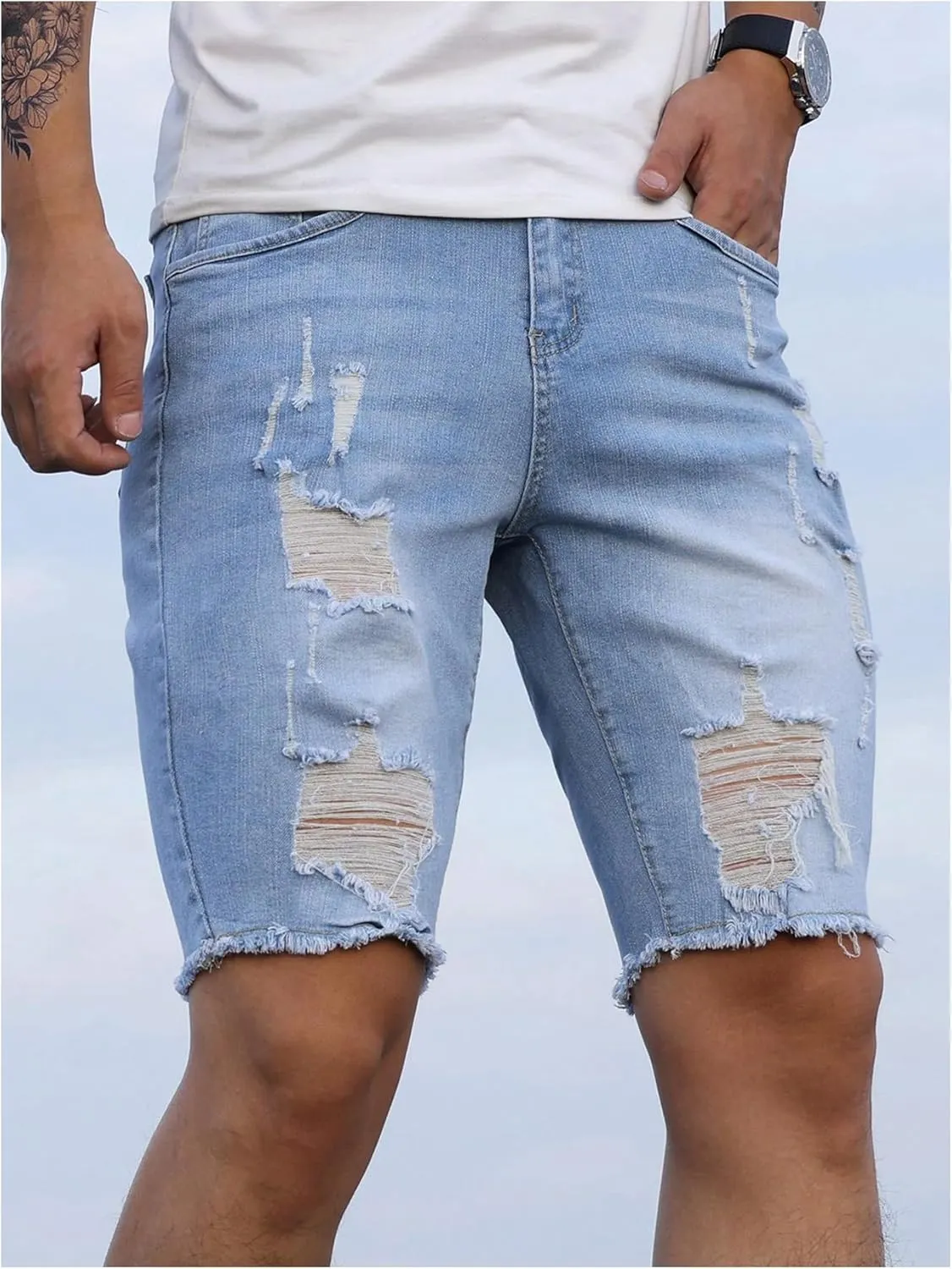 Verdusa Men's Straight Leg Ripped Raw Trim Denim Shorts Slim Fit Stretch Jean Shorts