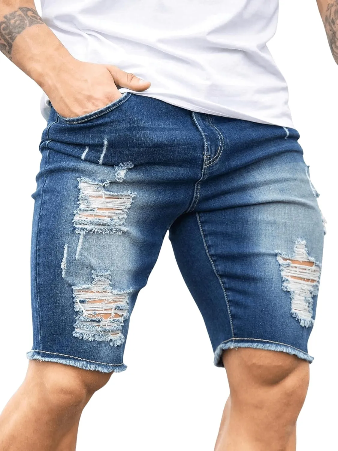 Verdusa Men's Straight Leg Ripped Raw Trim Denim Shorts Slim Fit Stretch Jean Shorts