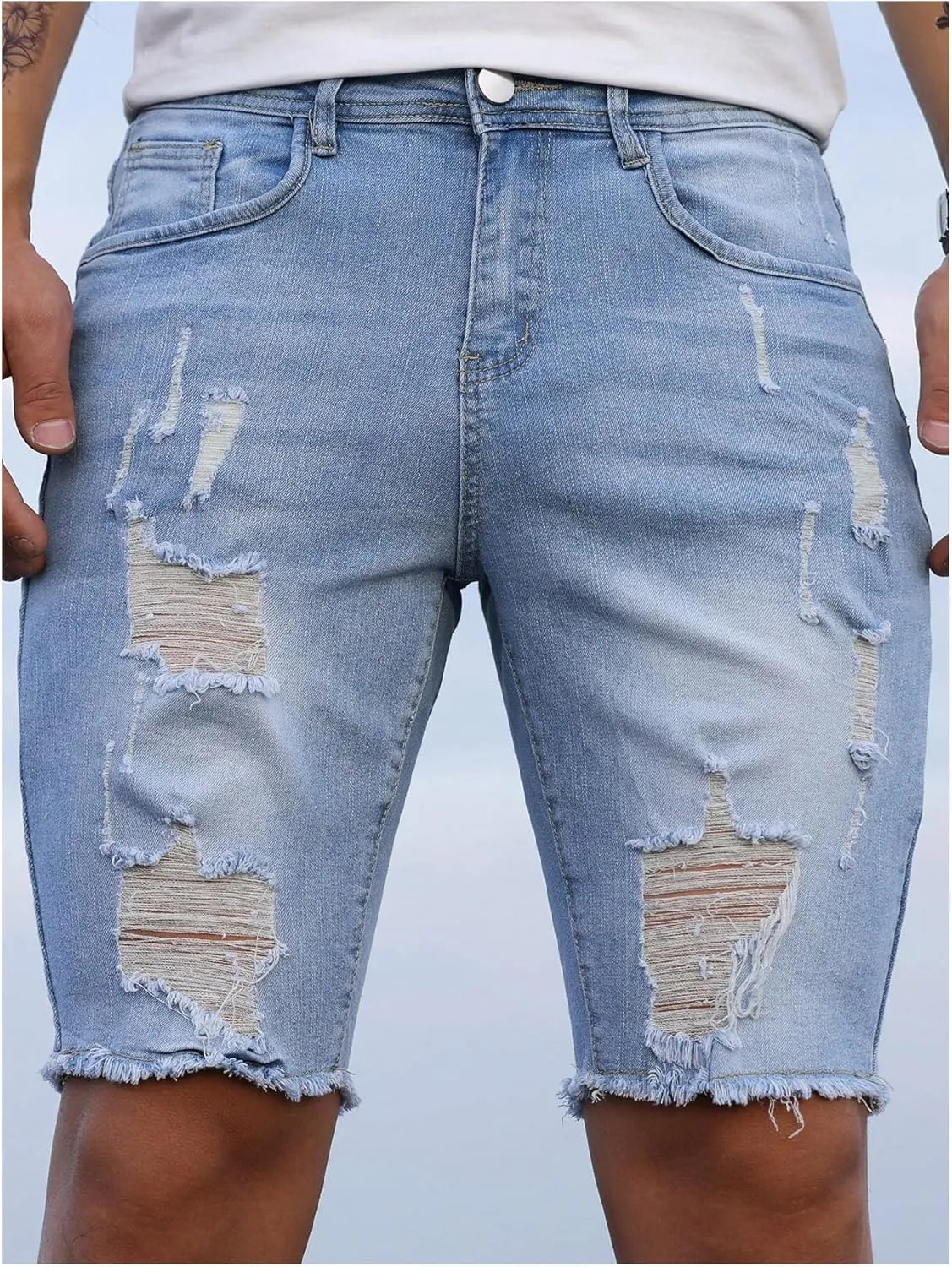 Verdusa Men's Straight Leg Ripped Raw Trim Denim Shorts Slim Fit Stretch Jean Shorts