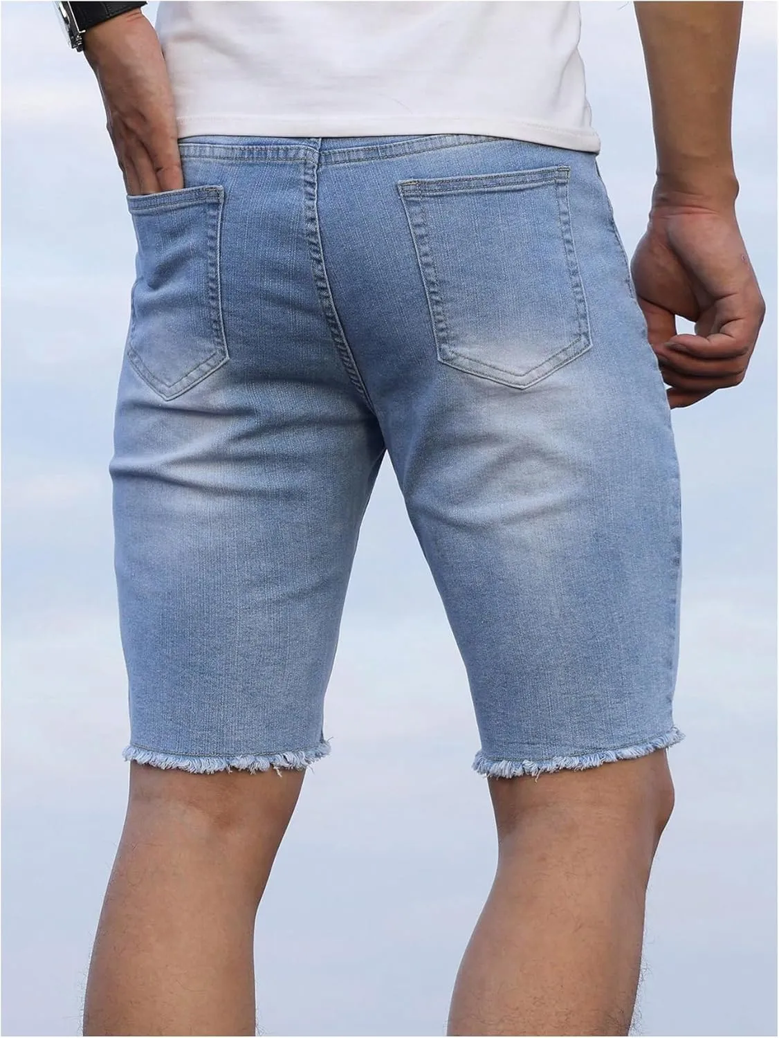 Verdusa Men's Straight Leg Ripped Raw Trim Denim Shorts Slim Fit Stretch Jean Shorts