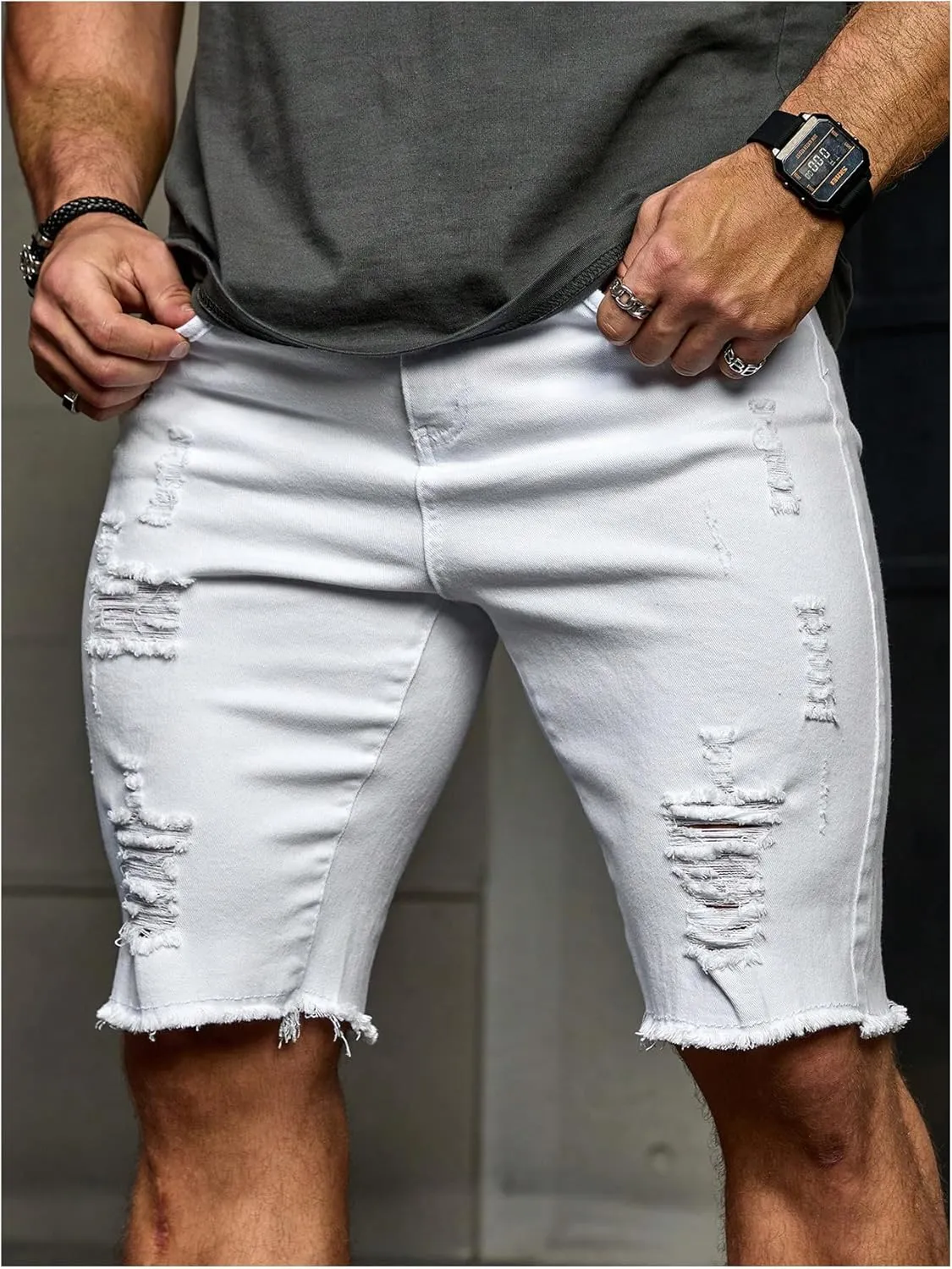 Verdusa Men's Straight Leg Ripped Raw Trim Denim Shorts Slim Fit Stretch Jean Shorts