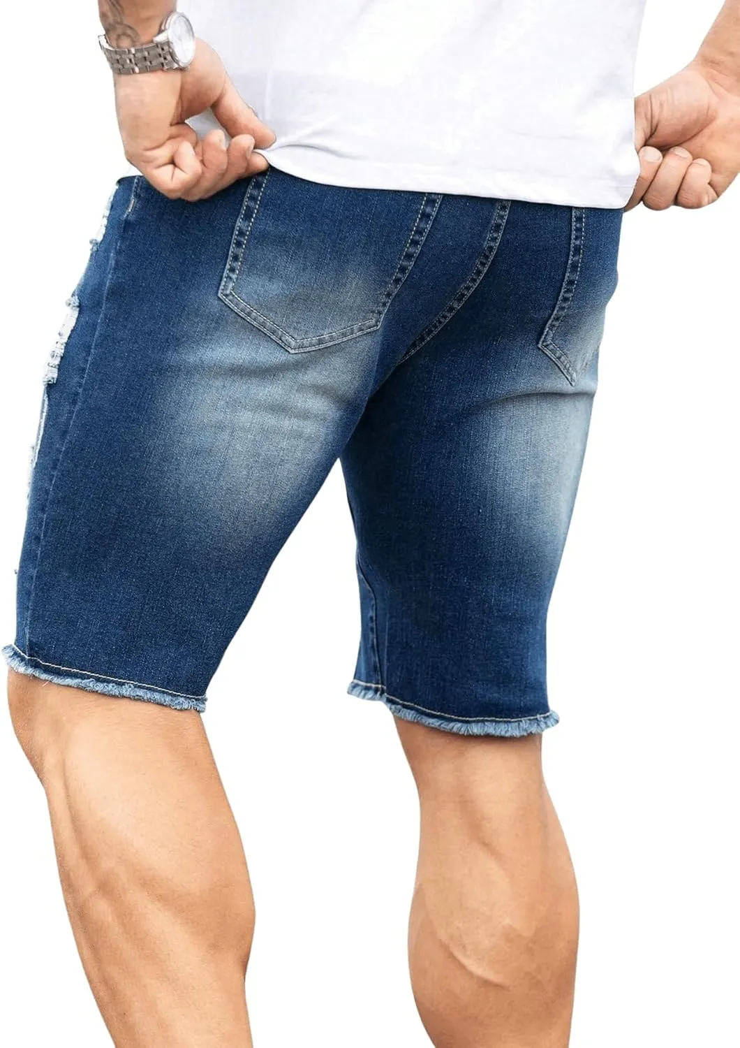 Verdusa Men's Straight Leg Ripped Raw Trim Denim Shorts Slim Fit Stretch Jean Shorts