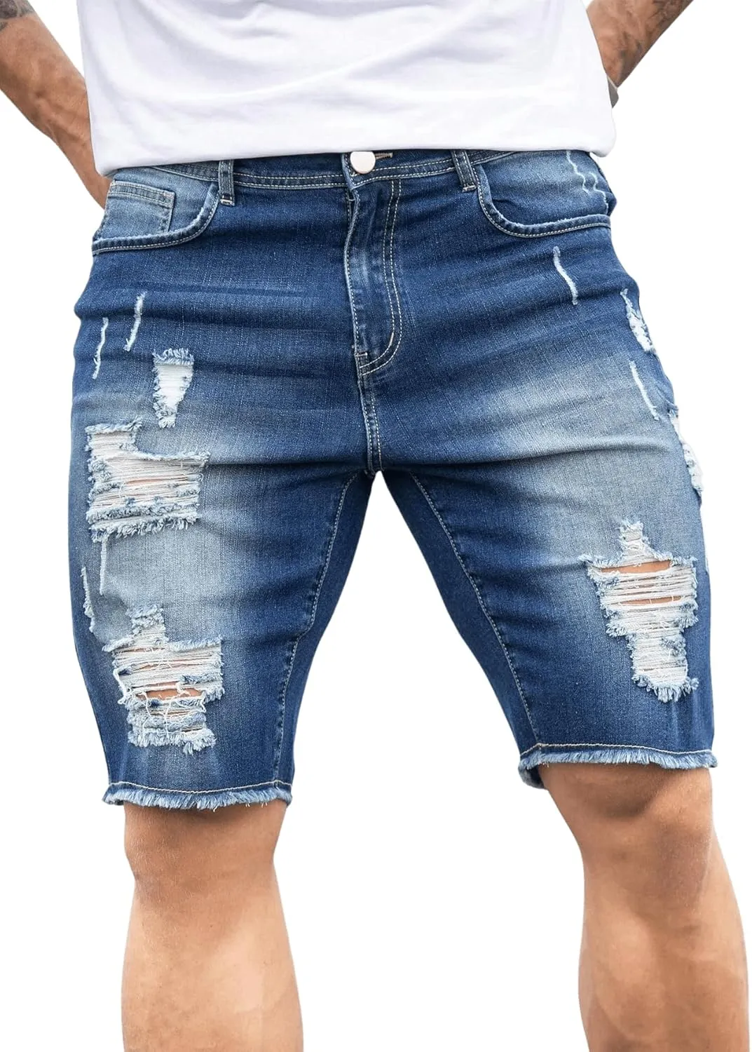 Verdusa Men's Straight Leg Ripped Raw Trim Denim Shorts Slim Fit Stretch Jean Shorts