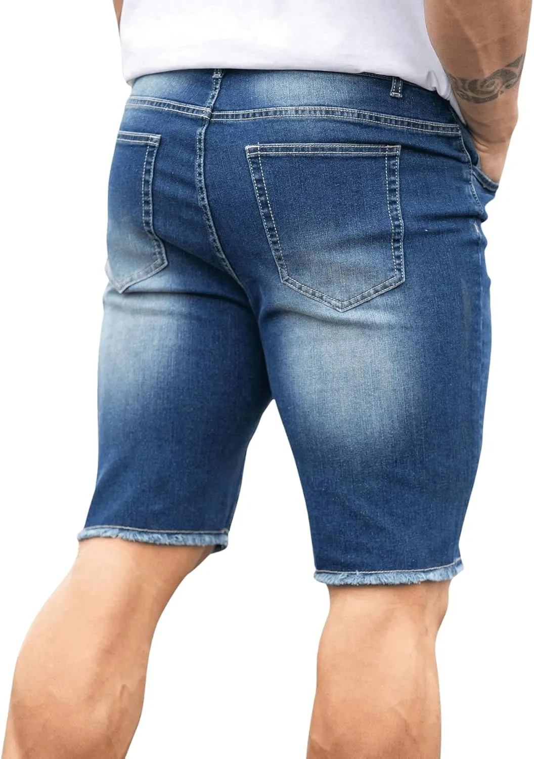 Verdusa Men's Straight Leg Ripped Raw Trim Denim Shorts Slim Fit Stretch Jean Shorts