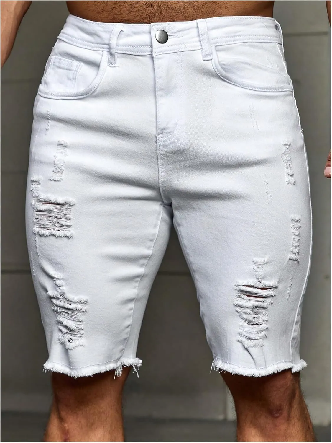 Verdusa Men's Straight Leg Ripped Raw Trim Denim Shorts Slim Fit Stretch Jean Shorts