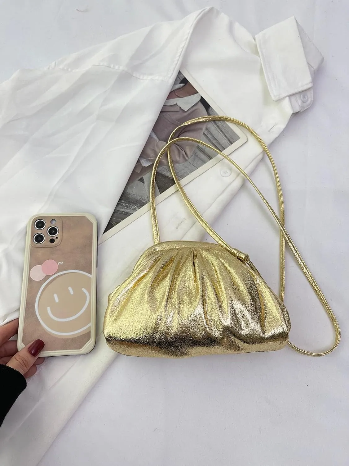 Verdusa Women's Metallic Ruched Clutch Handbags Crossbody Bag Shiny Evening Purse
