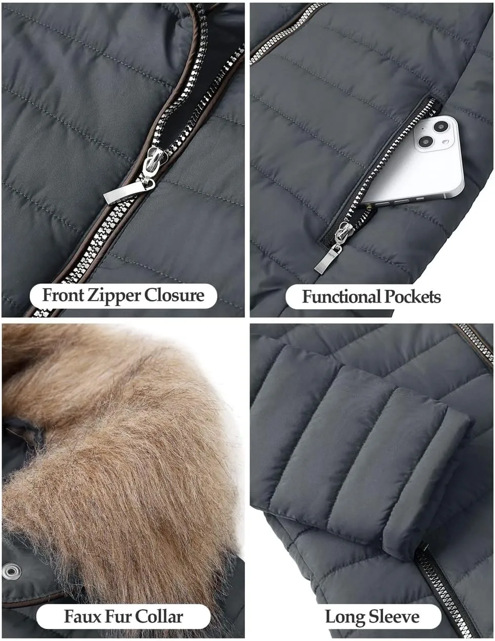 Vetinee Women Casual Faux Fur Lapel Zip Pockets Quilted Parka Jacket Puffer Coat