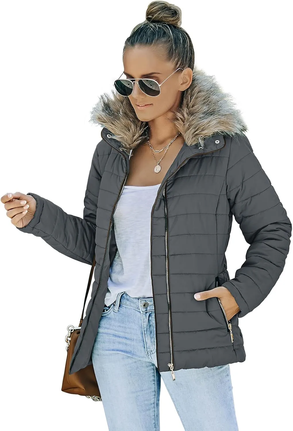 Vetinee Women Casual Faux Fur Lapel Zip Pockets Quilted Parka Jacket Puffer Coat