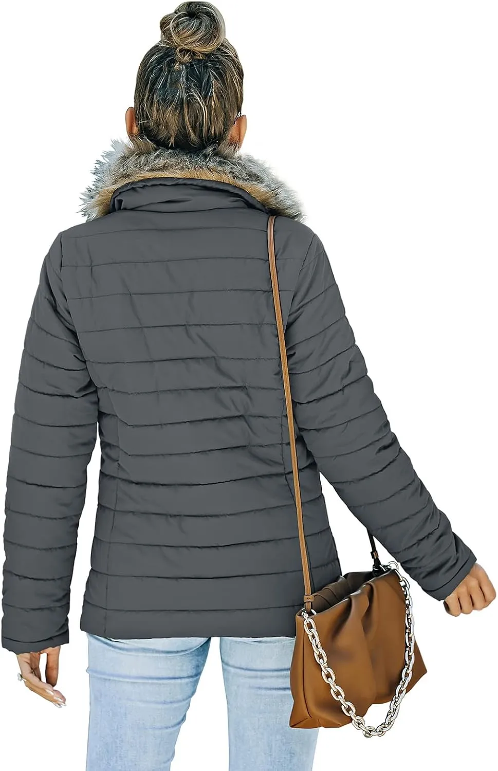Vetinee Women Casual Faux Fur Lapel Zip Pockets Quilted Parka Jacket Puffer Coat