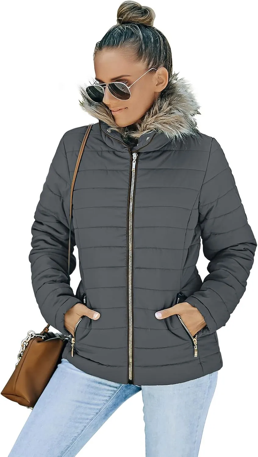 Vetinee Women Casual Faux Fur Lapel Zip Pockets Quilted Parka Jacket Puffer Coat