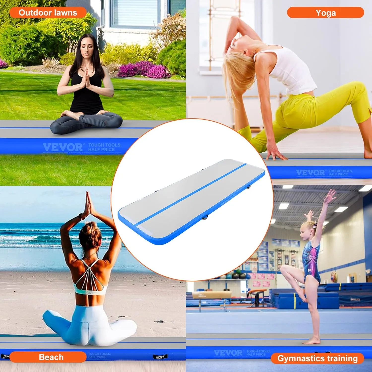 VEVOR Gymnastics Air Mat, Inflatable Track with Electric Pump, Training Mats for Home Use/Gym/Yoga/Cheerleading/Beach/Park/Water