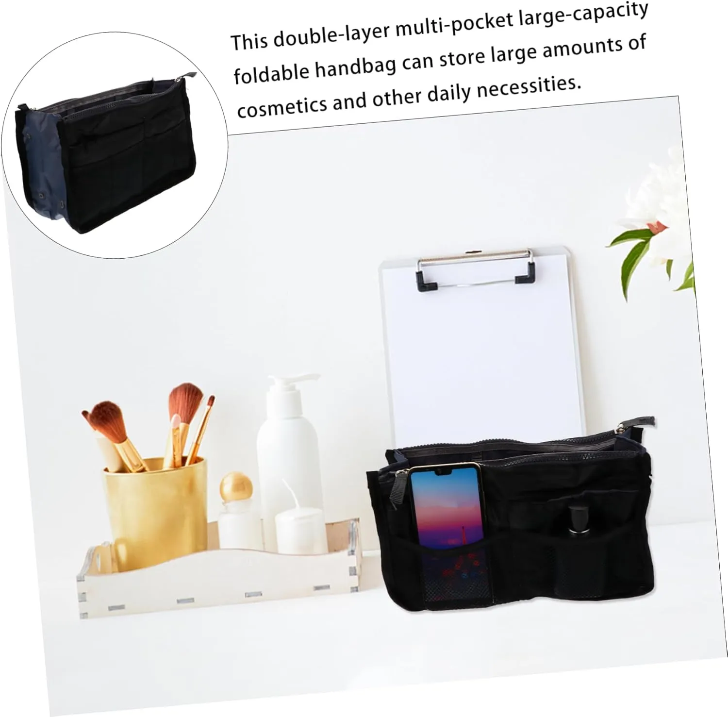 VICASKY 1 PC Handbag Liner Compact Purse Liner Cosmetic Storage Large Capacity Storage Bag Large Bag Travel Size Toiletries Bag Stylish Travel Bag Tote Toiletry Big Nylon Black