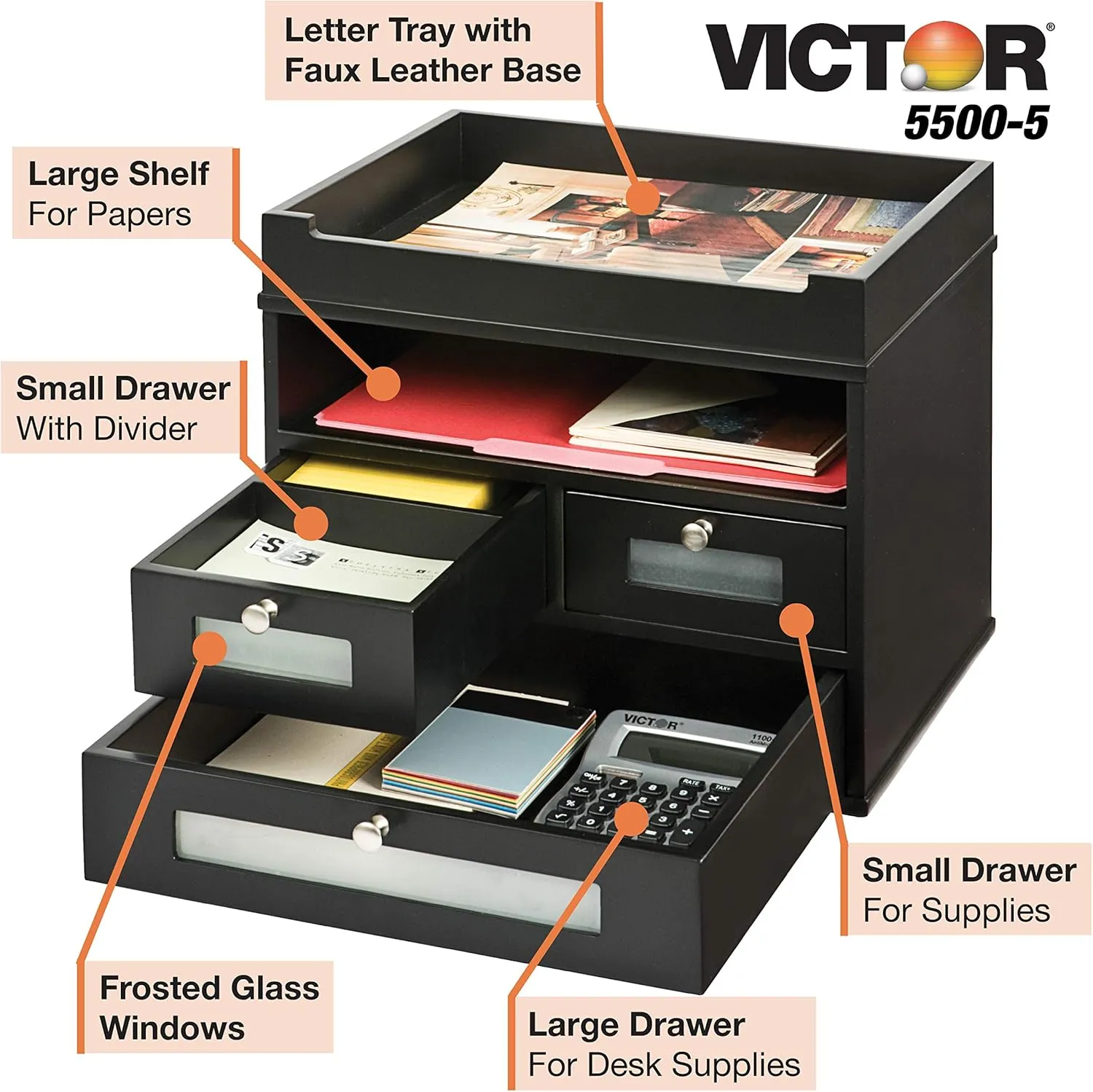 Victor Wood Midnight Black Collection, Tidy Tower Desktop Organizer, Black, (5500-5)