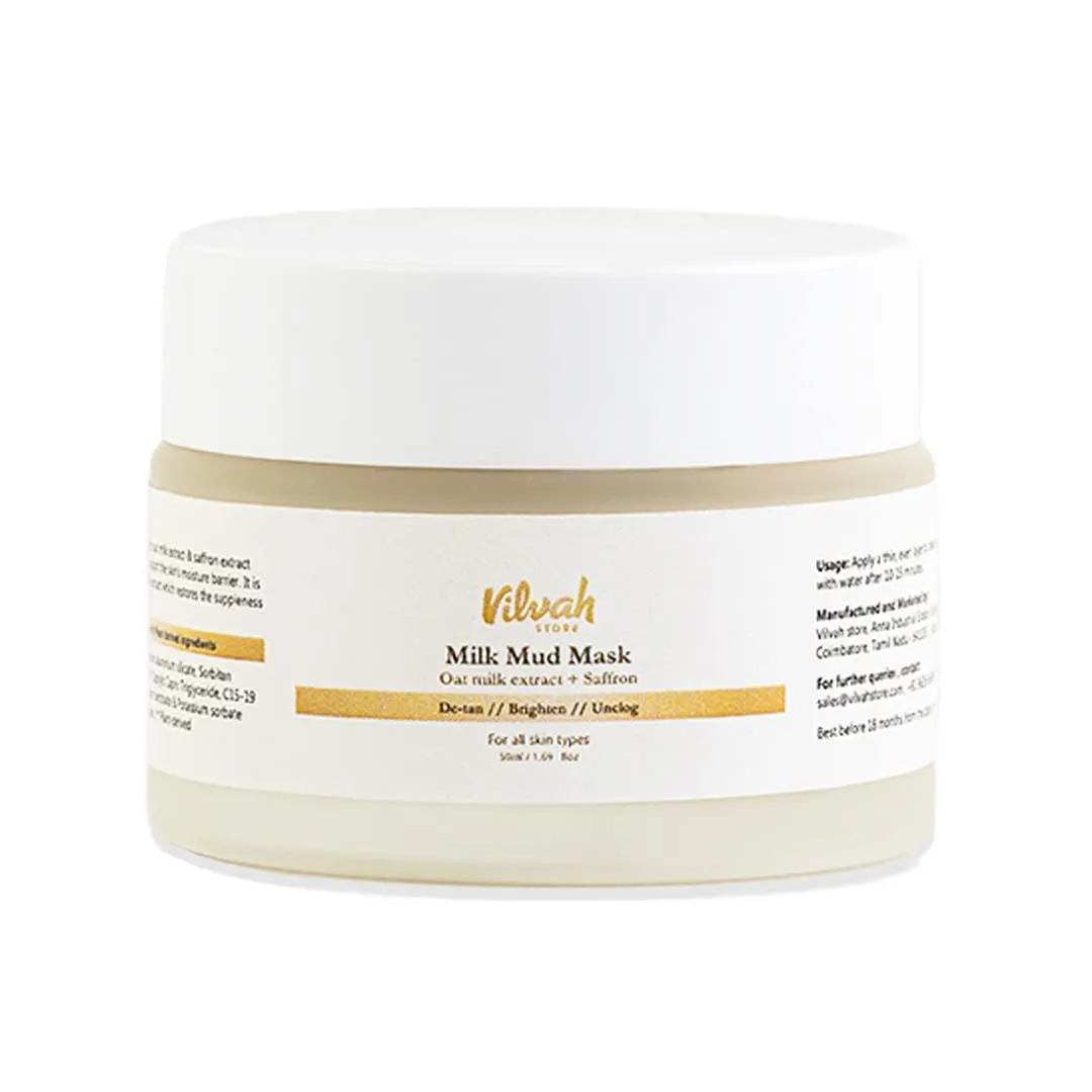 Vilvah Milk Mud Mask with Oat Milk Extract and Saffron, Detox and Brightening Face Mask, All Skin Types, 50ml
