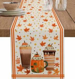 Vintage Fall Latte Maple Leaves Table Runner 13x60inches Long,Kitchen Dining Tablerunners Stars Orange Line on Linen Table Runners for Indoor/Outdoor Home Holiday Party Decor
