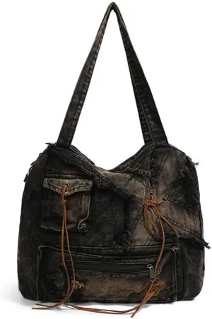 Vintage Women Shoulder Bag Large Female Crossbody Bags Distressed Denim Tote Handbag