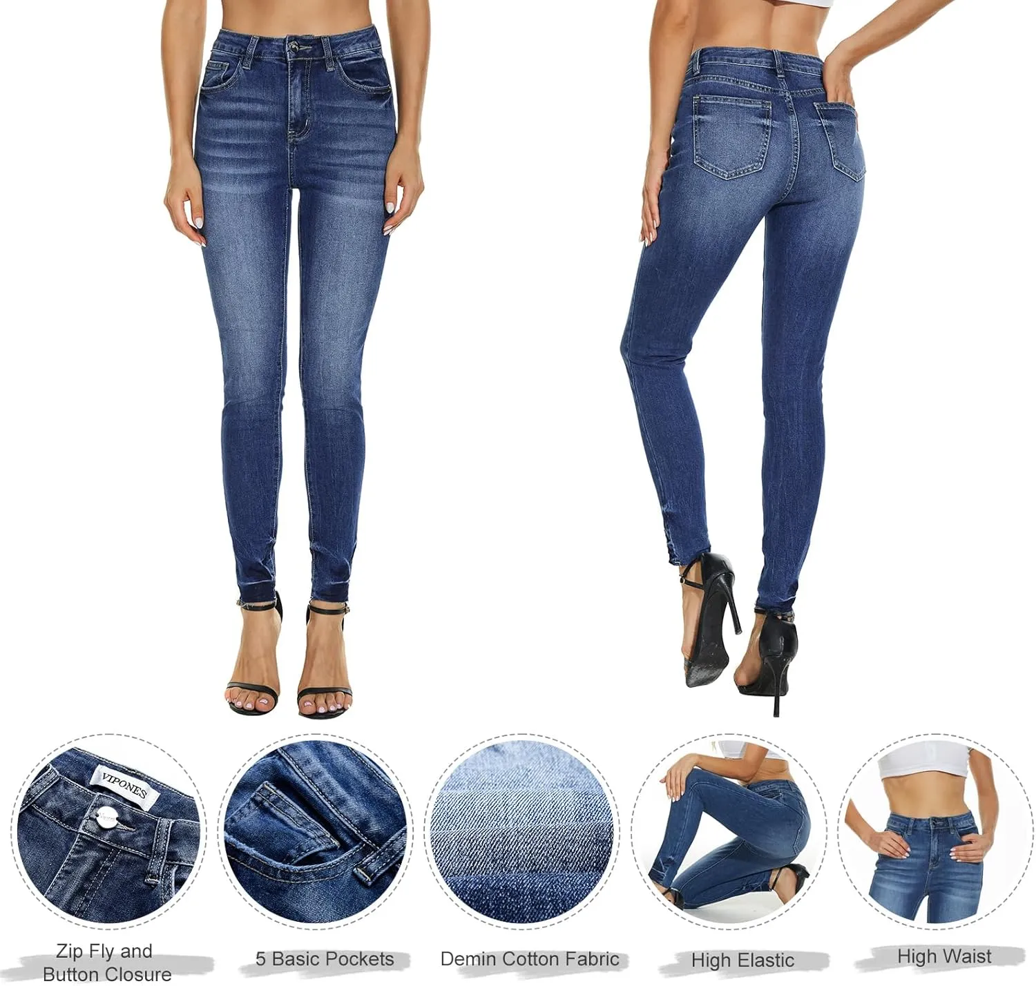 VIPONES Women Jeans High Waisted Skinny Stretchy Soft Slim Fit Distressed Comfy Classic Jeggings Denim Pants