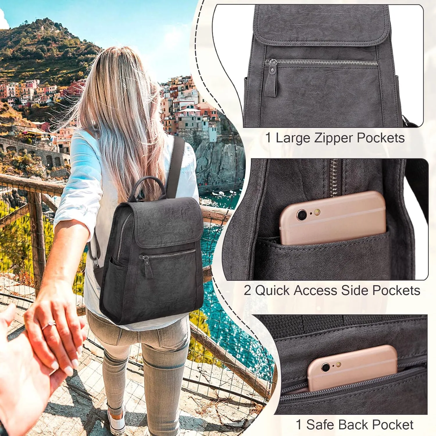 VX VONXURY Backpack Purse for Women,Lightweight Fashion Faux Leather Small Travel Daypack with Multiple Pockets(Grey
