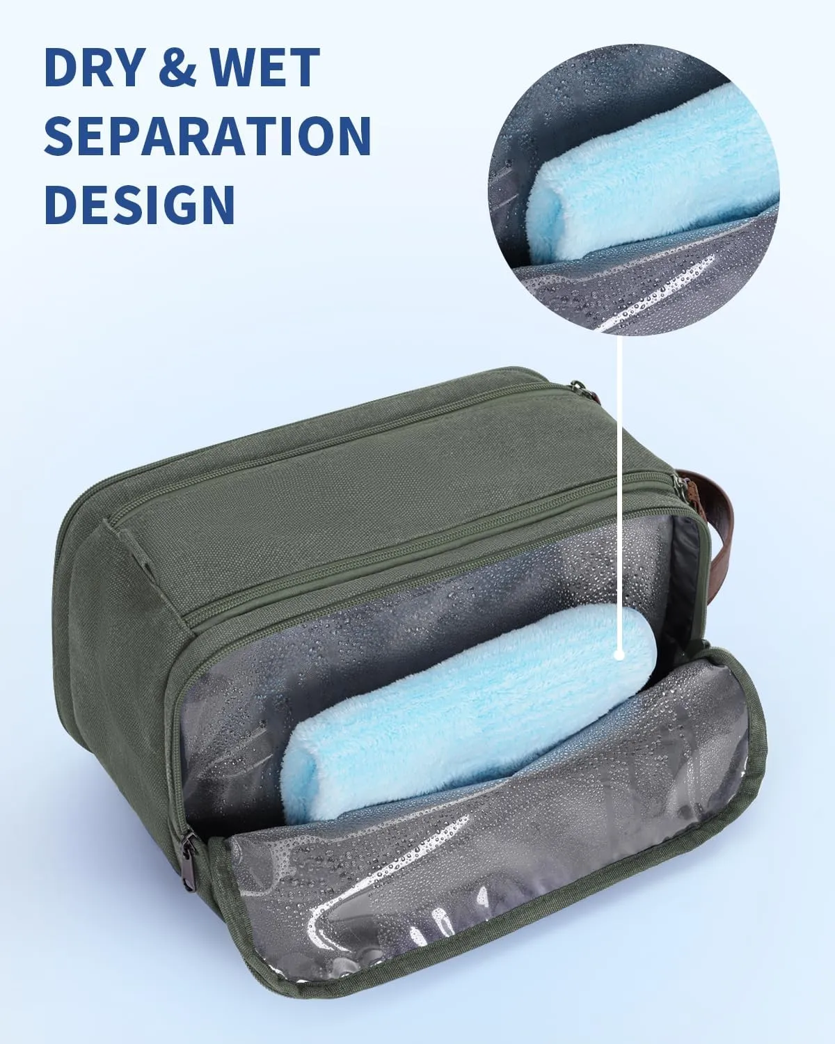 WANDF Toiletry Bag for Men Travel Toiletry Organizer Canvas and Leather Dopp Kit Water-Resistant Shaving Bag for Travel Accessories (Green, Patent Pending)