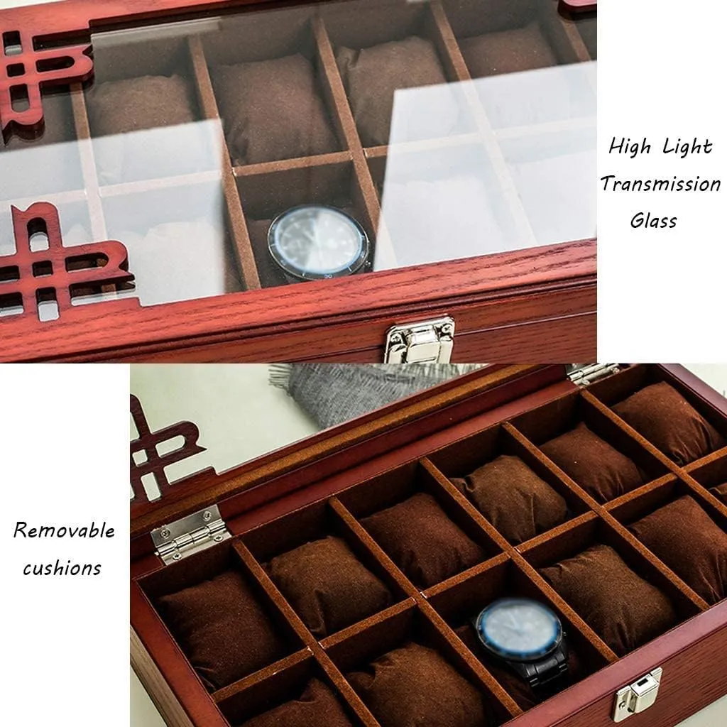 Watch Display Box Wooden Watch Box Glass Lid 12 Watch Bracelet Tray Cufflink Organizer with 12 Removal Storage Pillows (Color:Brown)