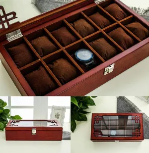 Watch Display Box Wooden Watch Box Glass Lid 12 Watch Bracelet Tray Cufflink Organizer with 12 Removal Storage Pillows (Color:Brown)