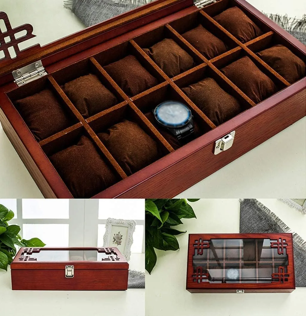 Watch Display Box Wooden Watch Box Glass Lid 12 Watch Bracelet Tray Cufflink Organizer with 12 Removal Storage Pillows (Color:Brown)