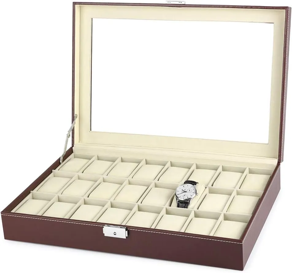 Watch Display Organizer, 24 Slots Large Watch Case with Acrylic Lid Brown Faux Leather