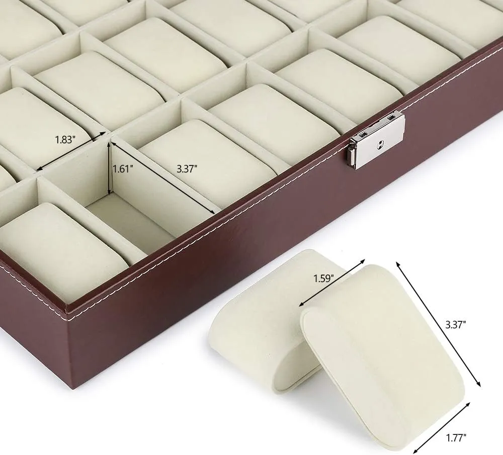 Watch Display Organizer, 24 Slots Large Watch Case with Acrylic Lid Brown Faux Leather