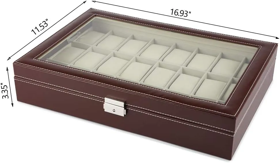 Watch Display Organizer, 24 Slots Large Watch Case with Acrylic Lid Brown Faux Leather