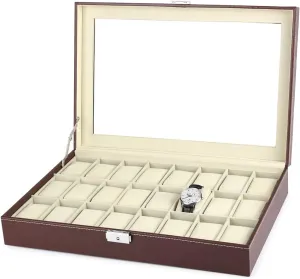 Watch Display Organizer, 24 Slots Large Watch Case with Acrylic Lid Brown Faux Leather