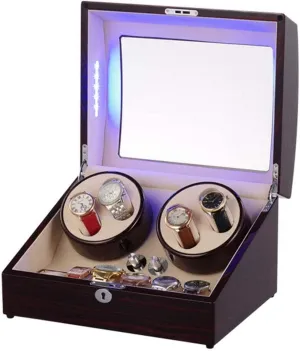 Watch Winder Box for Automatic Watches with Blue Led Light and Ebony Wooden Shell Winding Case Quiet Motor and 5 Rotation Modes Watch Winder Display Watch Box Watch Storage