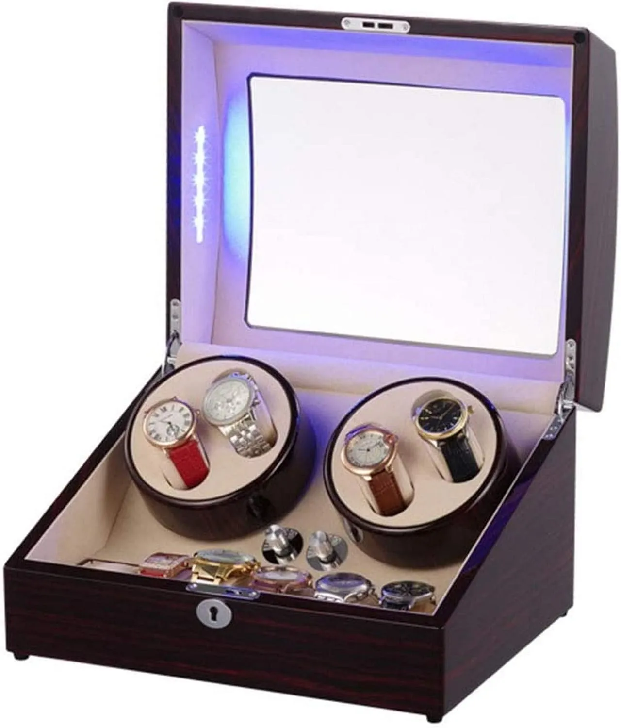 Watch Winder Box for Automatic Watches with Blue Led Light and Ebony Wooden Shell Winding Case Quiet Motor and 5 Rotation Modes Watch Winder Display Watch Box Watch StorageL