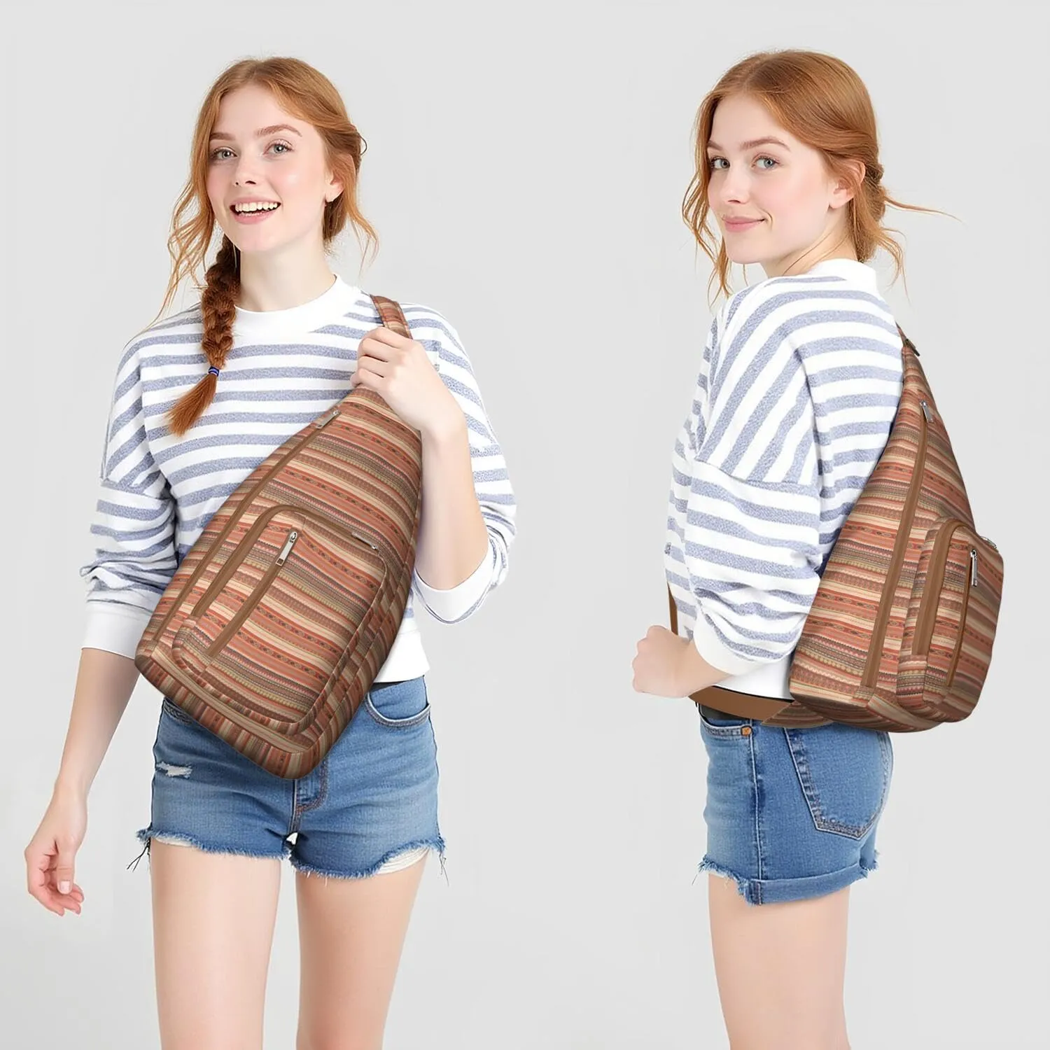 Waterproof Boho Sling Bag Backpack for Men Women Vintage Crossbody Daypack Adjustable Shoulder Chest Bag for Hiking Travel