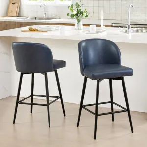 Watson & Whitely Counter Height Bar Stools Set of 2, 360° Swivel Upholstered Barstools with Backs and Metal Legs, 26" H Seat Height, Faux Leather in Blue