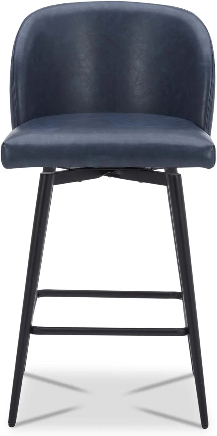 Watson & Whitely Counter Height Bar Stools Set of 2, 360° Swivel Upholstered Barstools with Backs and Metal Legs, 26" H Seat Height, Faux Leather in Blue