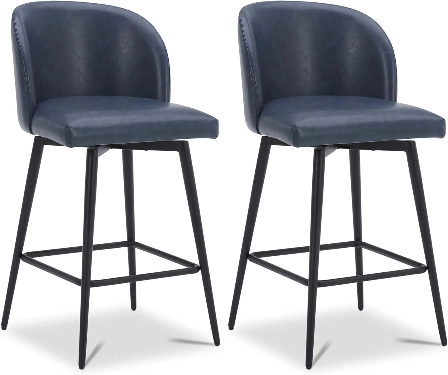 Watson & Whitely Counter Height Bar Stools Set of 2, 360° Swivel Upholstered Barstools with Backs and Metal Legs, 26" H Seat Height, Faux Leather in Blue
