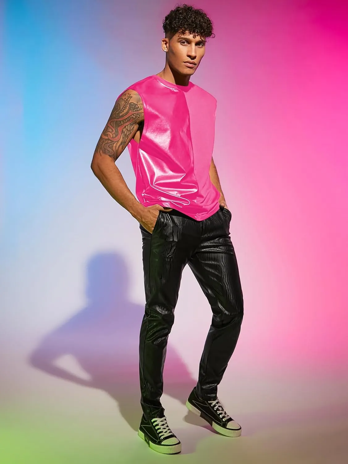 WDIRARA Men's Colorblock Two Tone PU Leather Round Neck Sleeveless Tank Tops