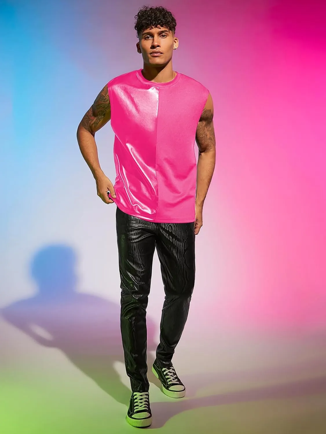 WDIRARA Men's Colorblock Two Tone PU Leather Round Neck Sleeveless Tank Tops